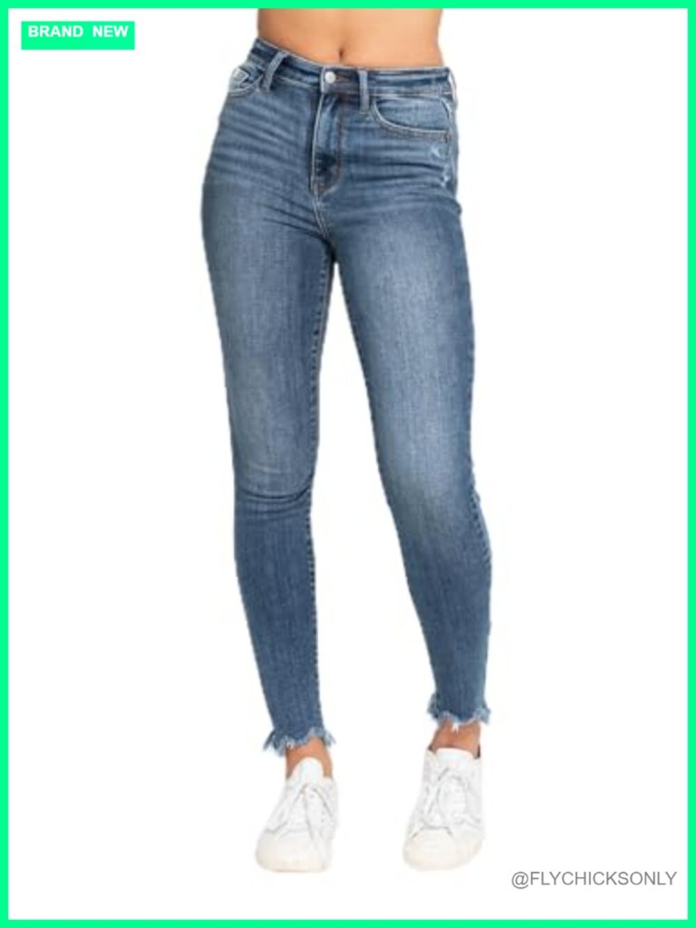 High Waisted Skinny Jeans Destroyed Shark Bit Hem Stretch Denim